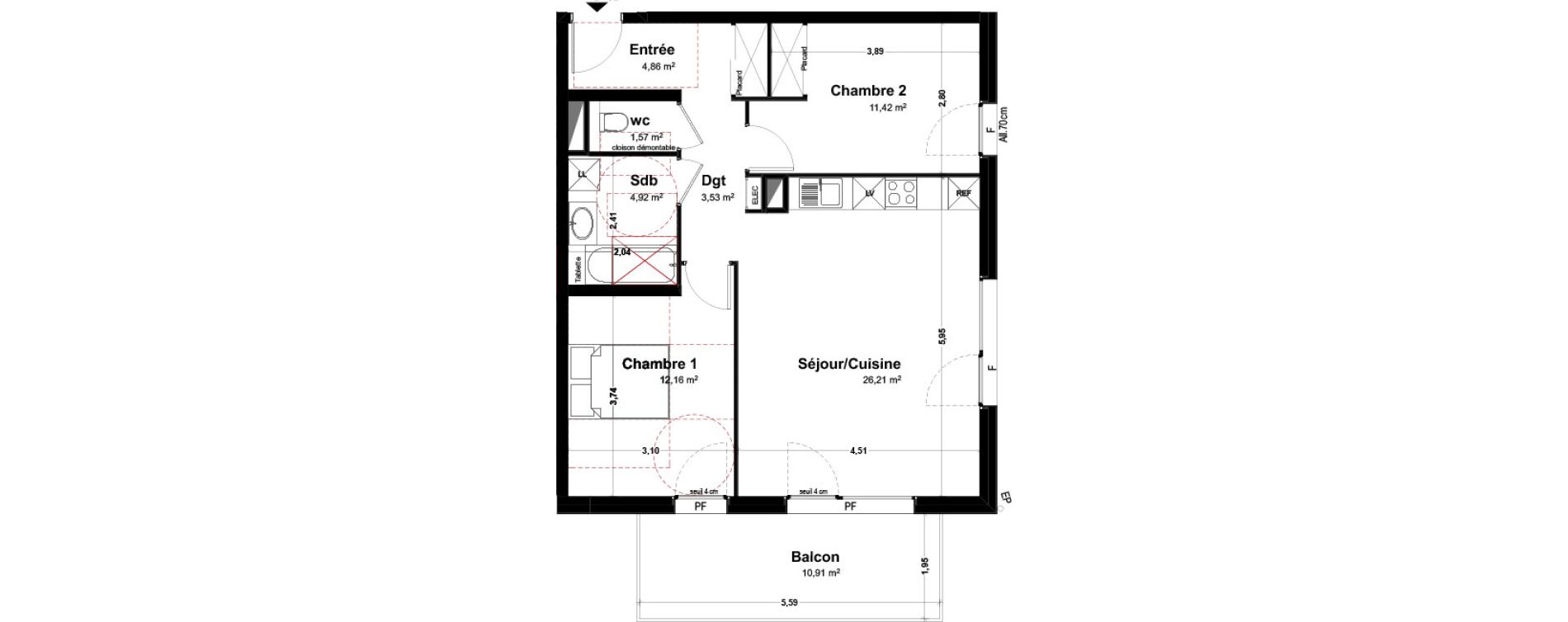 Appartement T3 de 64,67 m2 &agrave; Th&ocirc;nes Centre