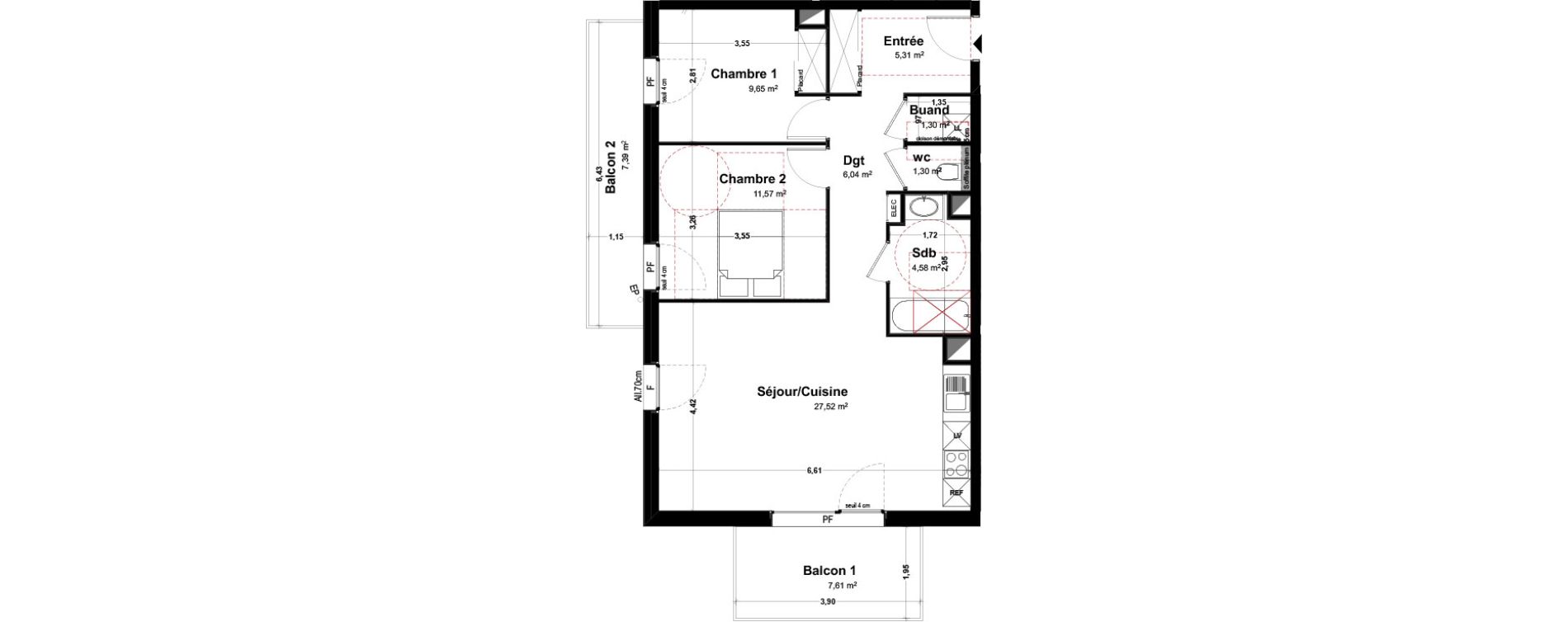 Appartement T3 de 67,27 m2 &agrave; Th&ocirc;nes Centre