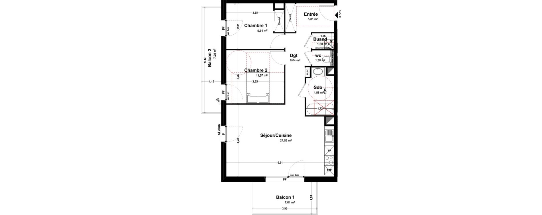 Appartement T3 de 67,26 m2 &agrave; Th&ocirc;nes Centre
