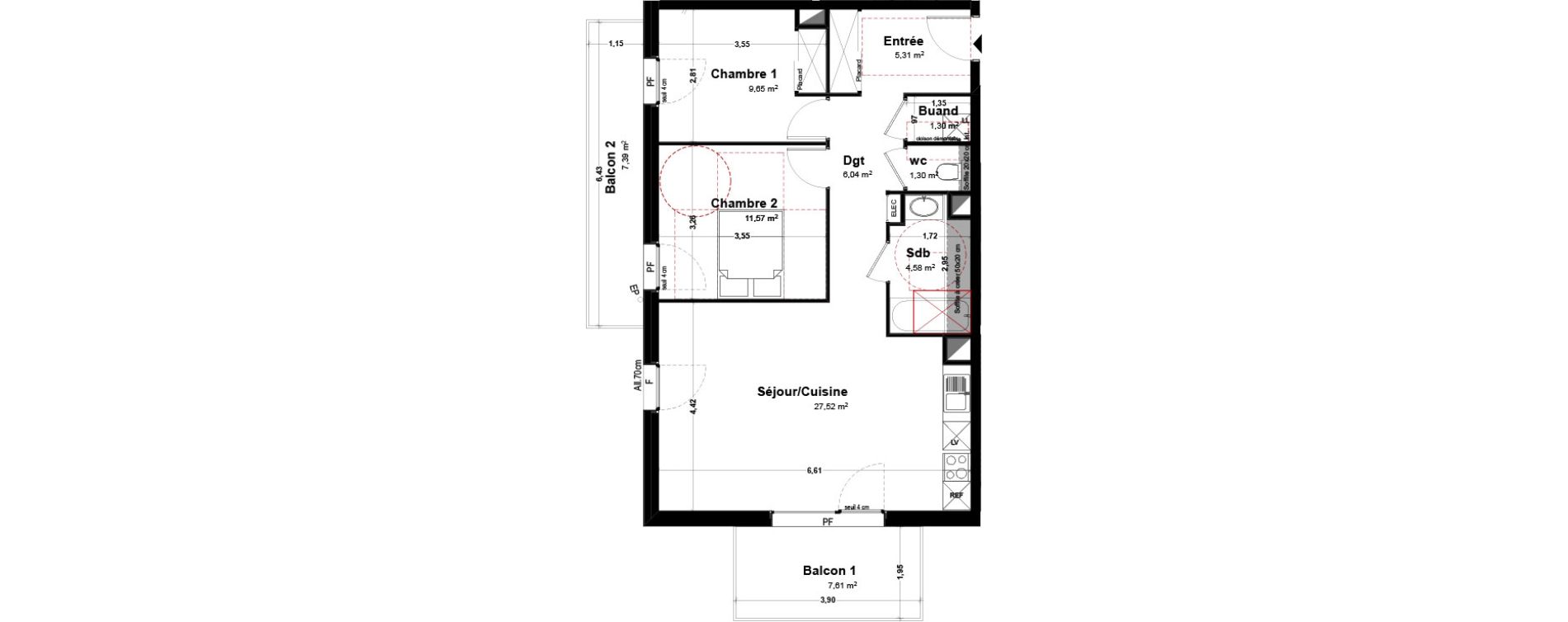 Appartement T3 de 67,27 m2 &agrave; Th&ocirc;nes Centre