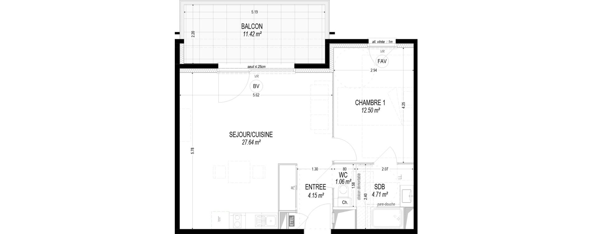 Appartement T2 de 50,07 m2 &agrave; Dom&egrave;ne Centre