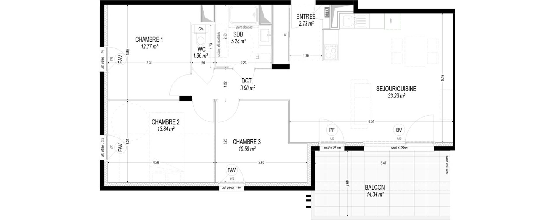 Appartement T4 de 83,67 m2 &agrave; Dom&egrave;ne Centre