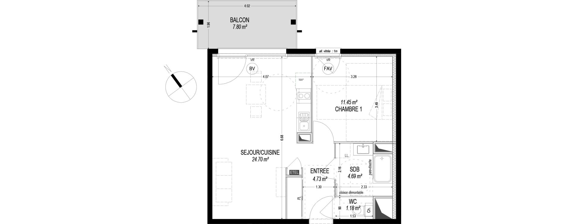 Appartement T2 de 46,75 m2 &agrave; Dom&egrave;ne Centre