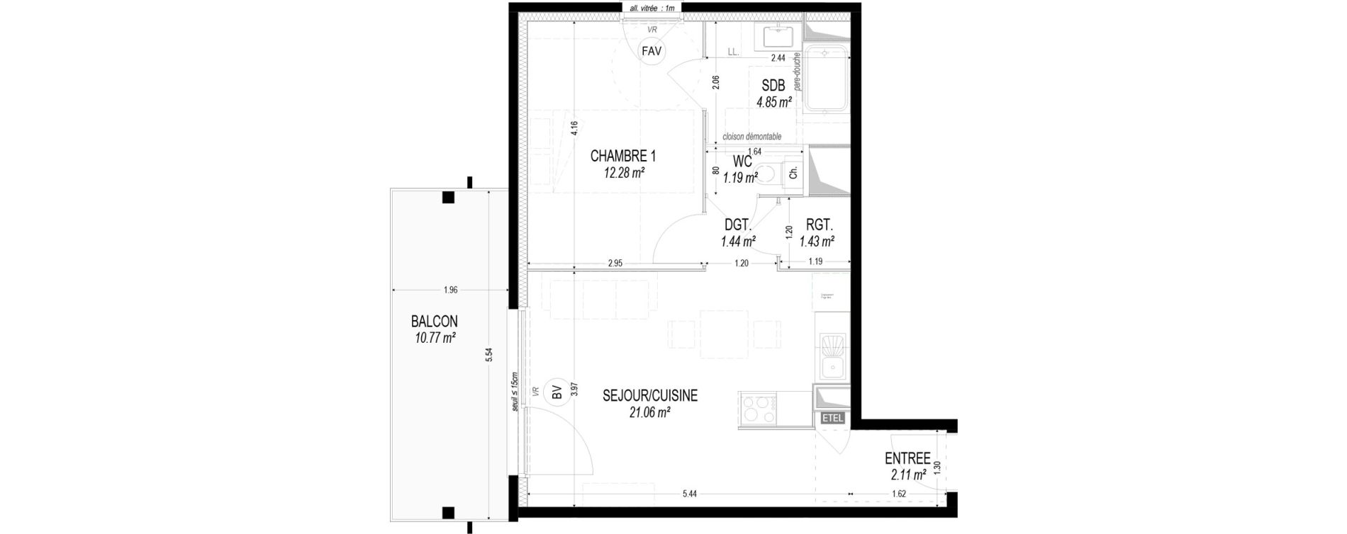 Appartement T2 de 44,37 m2 &agrave; Dom&egrave;ne Centre