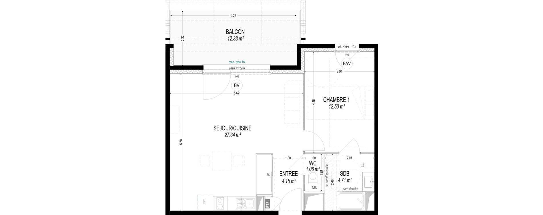 Appartement T2 de 50,07 m2 &agrave; Dom&egrave;ne Centre
