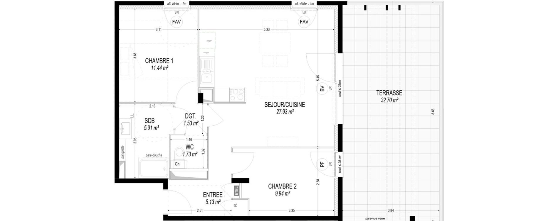 Appartement T3 de 63,62 m2 &agrave; Dom&egrave;ne Centre
