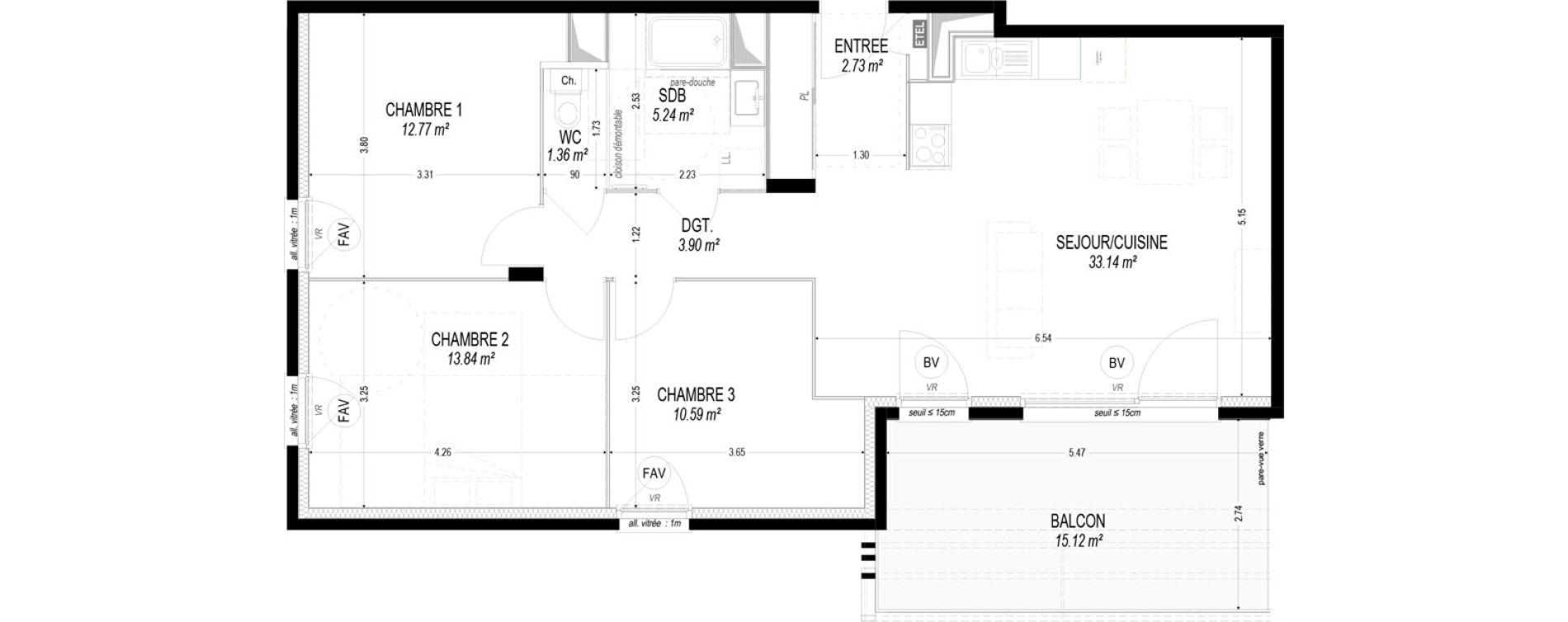 Appartement T4 de 83,59 m2 &agrave; Dom&egrave;ne Centre