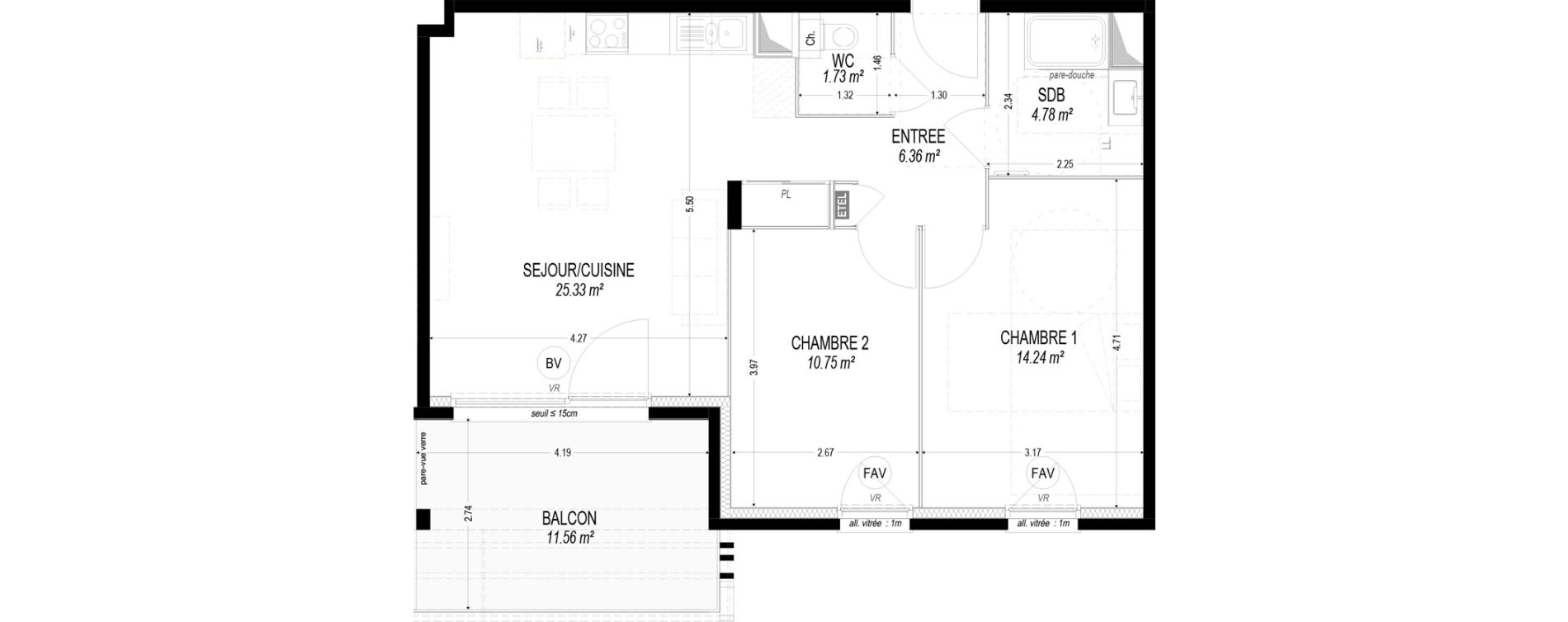 Appartement T3 de 63,18 m2 &agrave; Dom&egrave;ne Centre