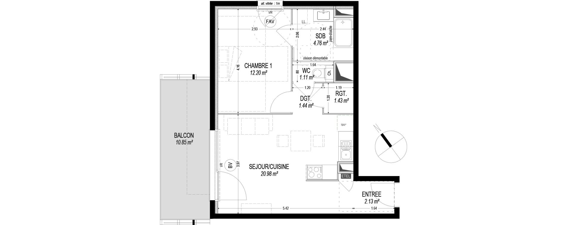 Appartement T2 de 44,05 m2 &agrave; Dom&egrave;ne Centre