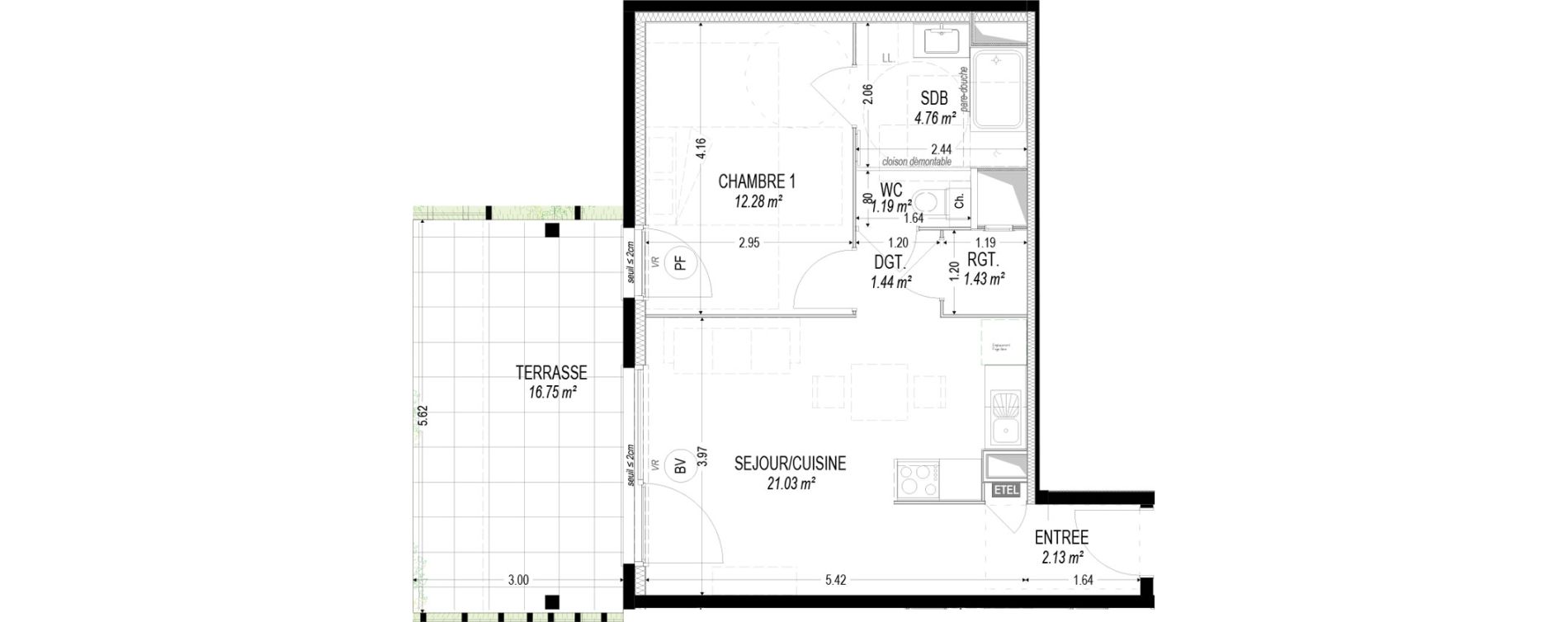 Appartement T2 de 44,27 m2 &agrave; Dom&egrave;ne Centre