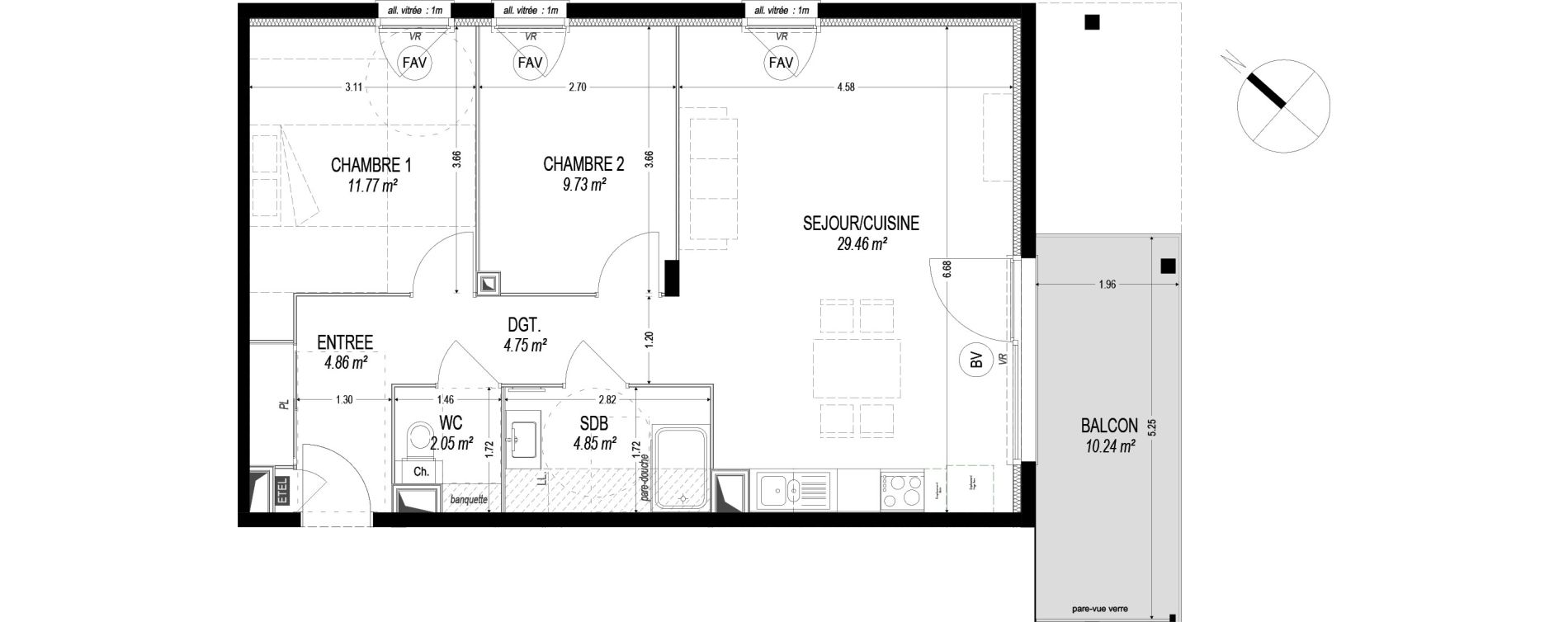 Appartement T3 de 67,47 m2 &agrave; Dom&egrave;ne Centre