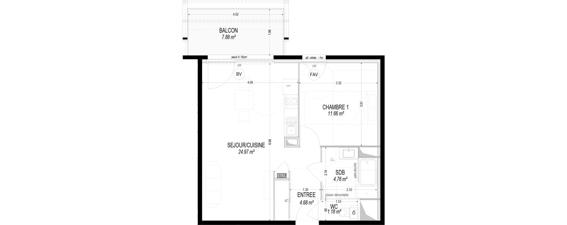 Appartement T2 de 47,24 m2 &agrave; Dom&egrave;ne Centre