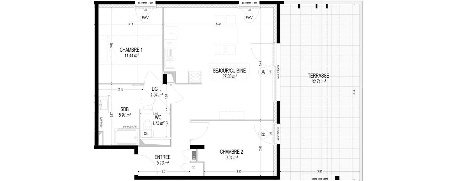 Appartement T3 de 63,70 m2 &agrave; Dom&egrave;ne Centre