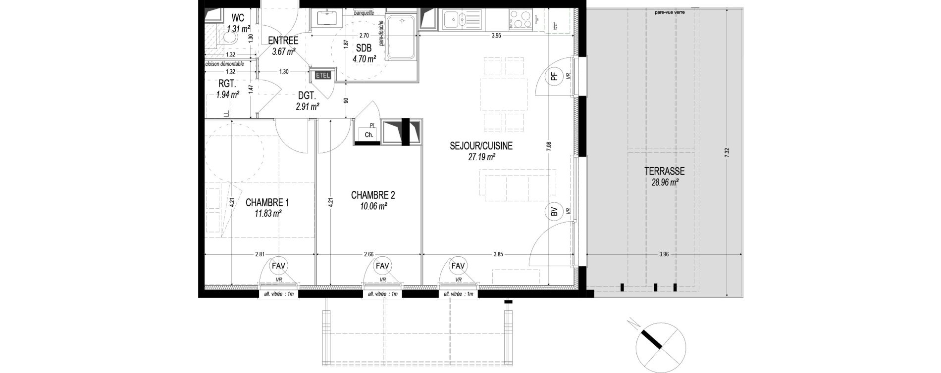 Appartement T3 de 63,61 m2 &agrave; Dom&egrave;ne Centre