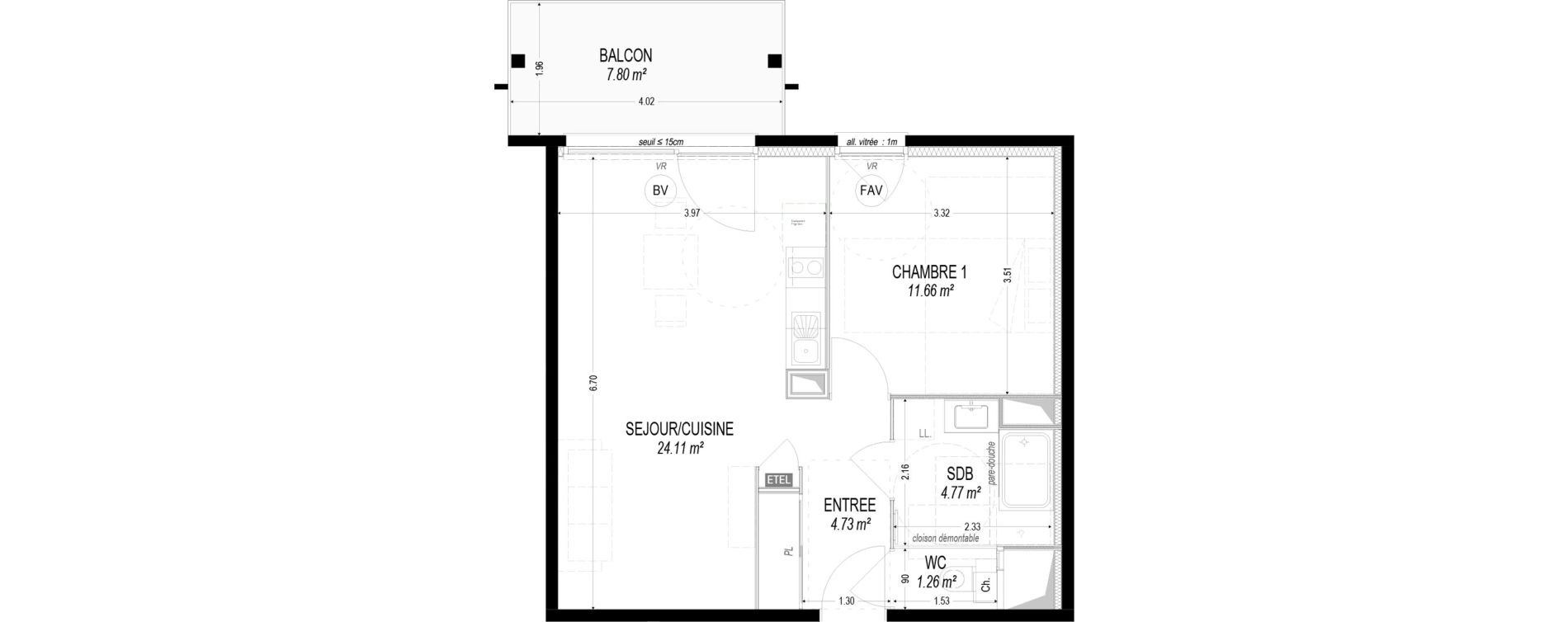 Appartement T2 de 46,53 m2 &agrave; Dom&egrave;ne Centre