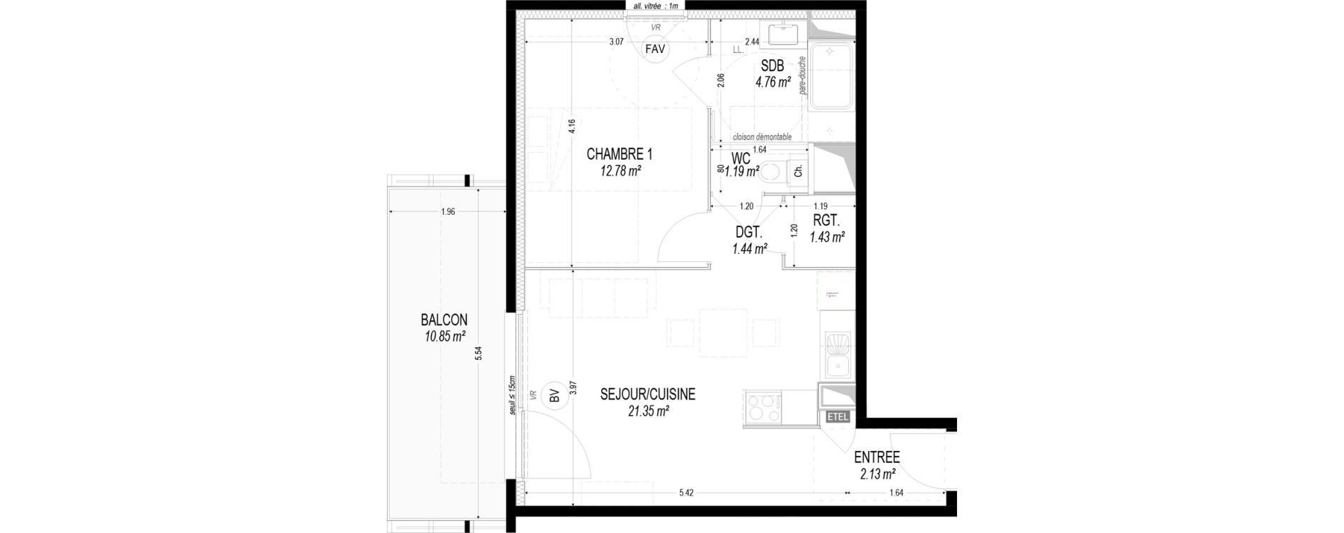 Appartement T2 de 45,09 m2 &agrave; Dom&egrave;ne Centre