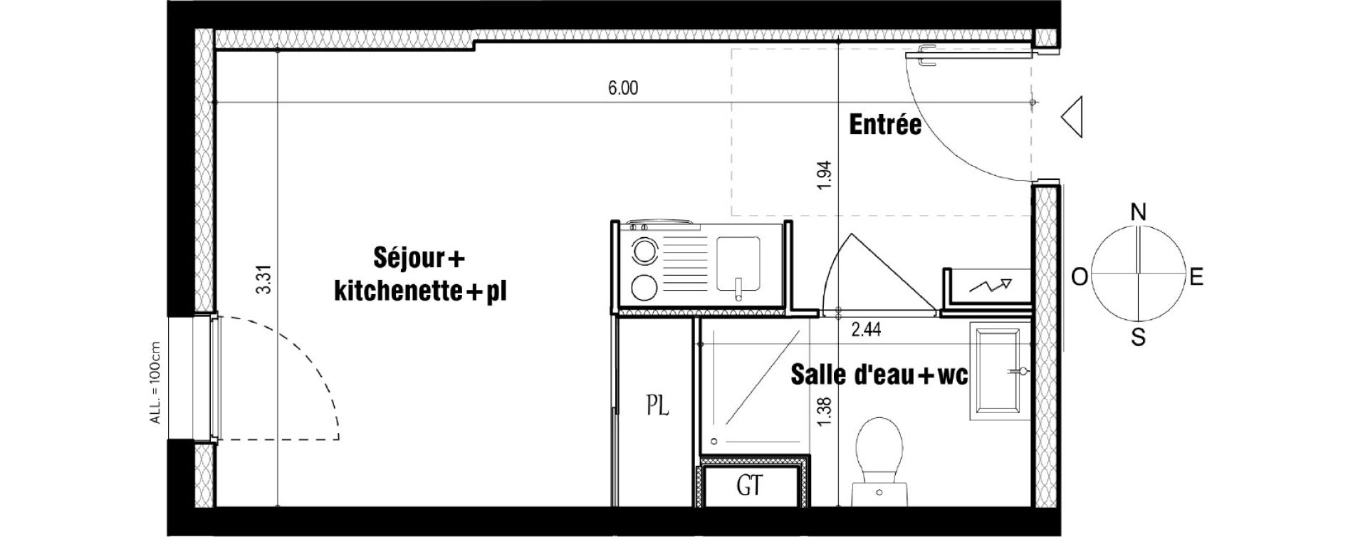 Appartement T1 de 19,45 m2 &agrave; Grenoble Bajatiere