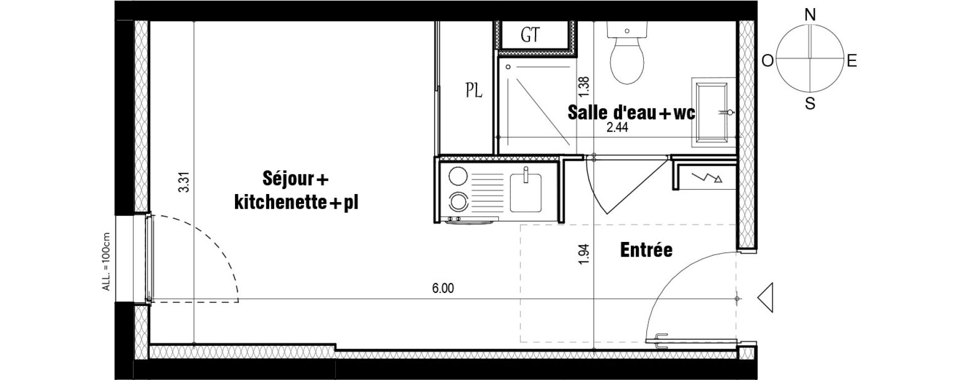 Appartement T1 de 19,45 m2 &agrave; Grenoble Bajatiere
