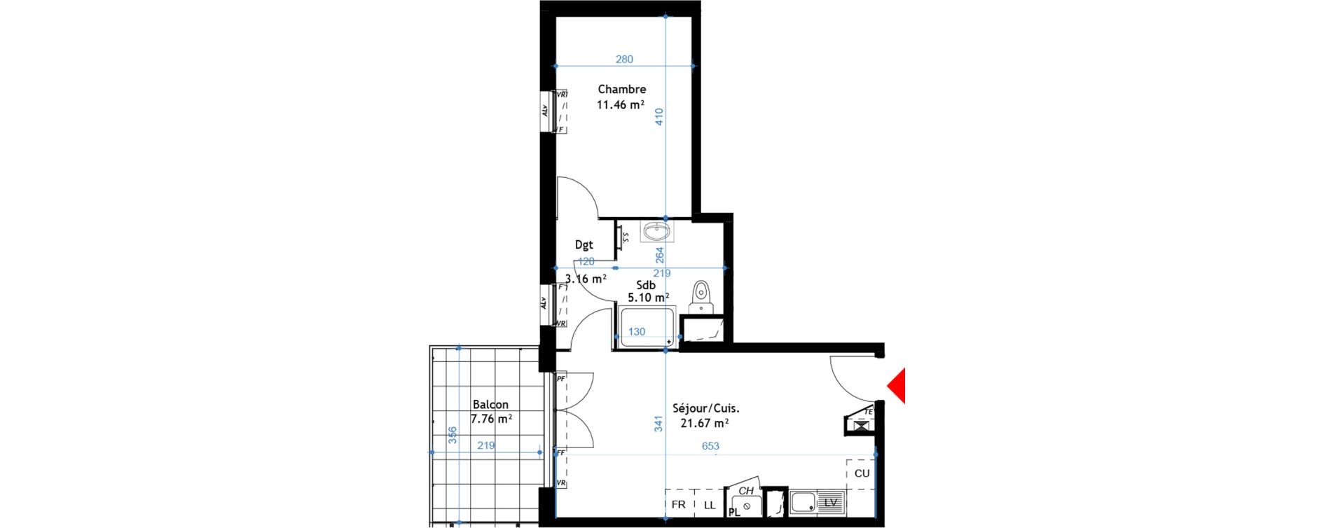 Appartement T2 de 41,39 m2 &agrave; La Verpilli&egrave;re Centre