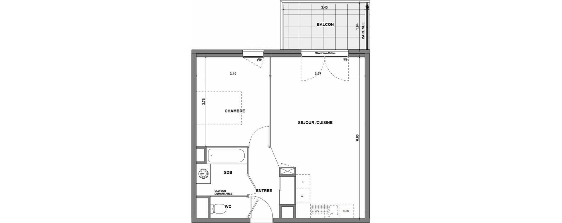 Appartement T2 de 46,22 m2 &agrave; La Verpilli&egrave;re Centre
