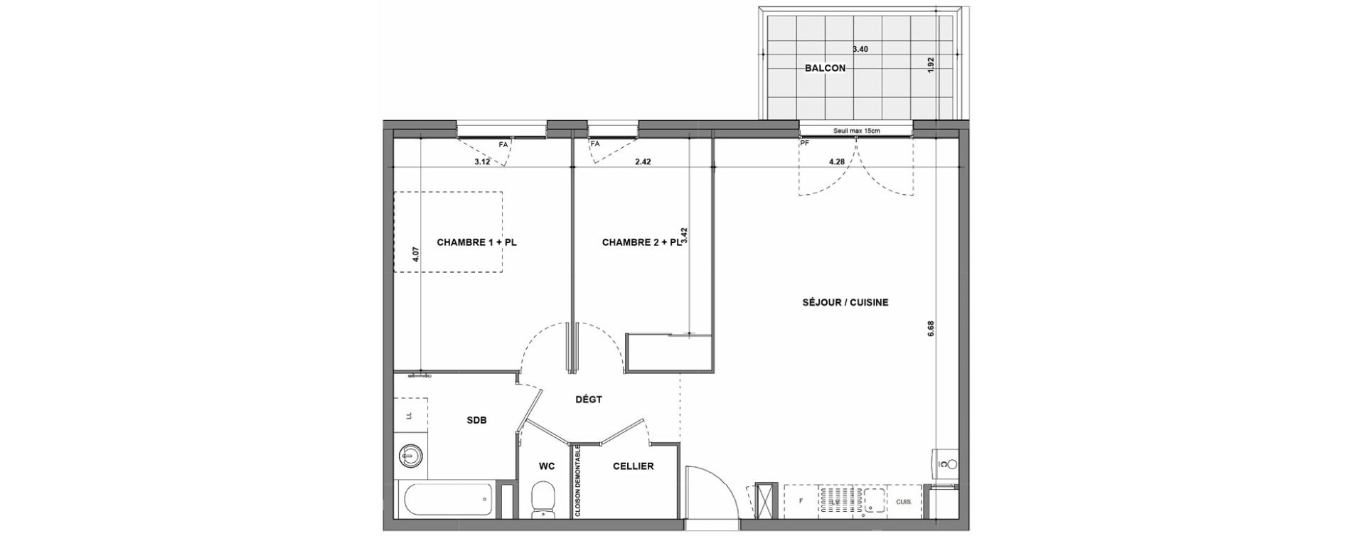 Appartement T3 de 64,24 m2 &agrave; La Verpilli&egrave;re Centre