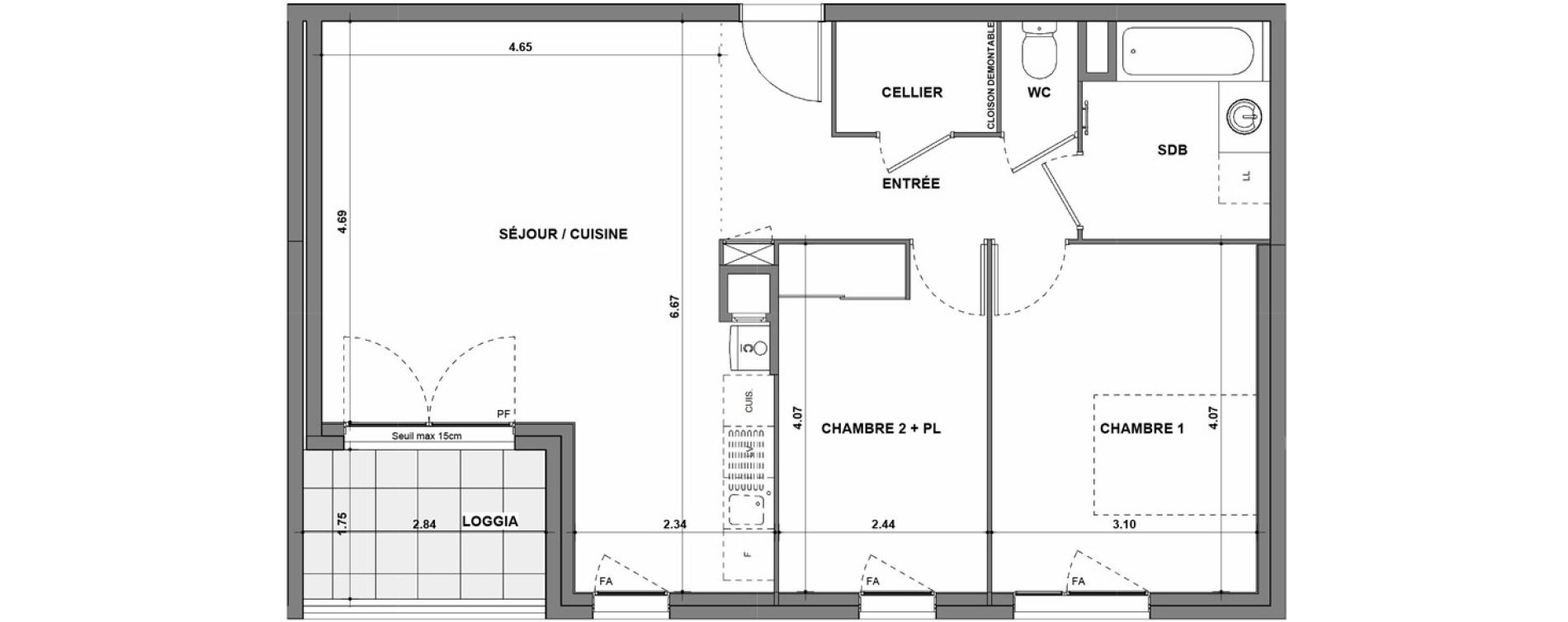 Appartement T3 de 65,41 m2 &agrave; La Verpilli&egrave;re Centre