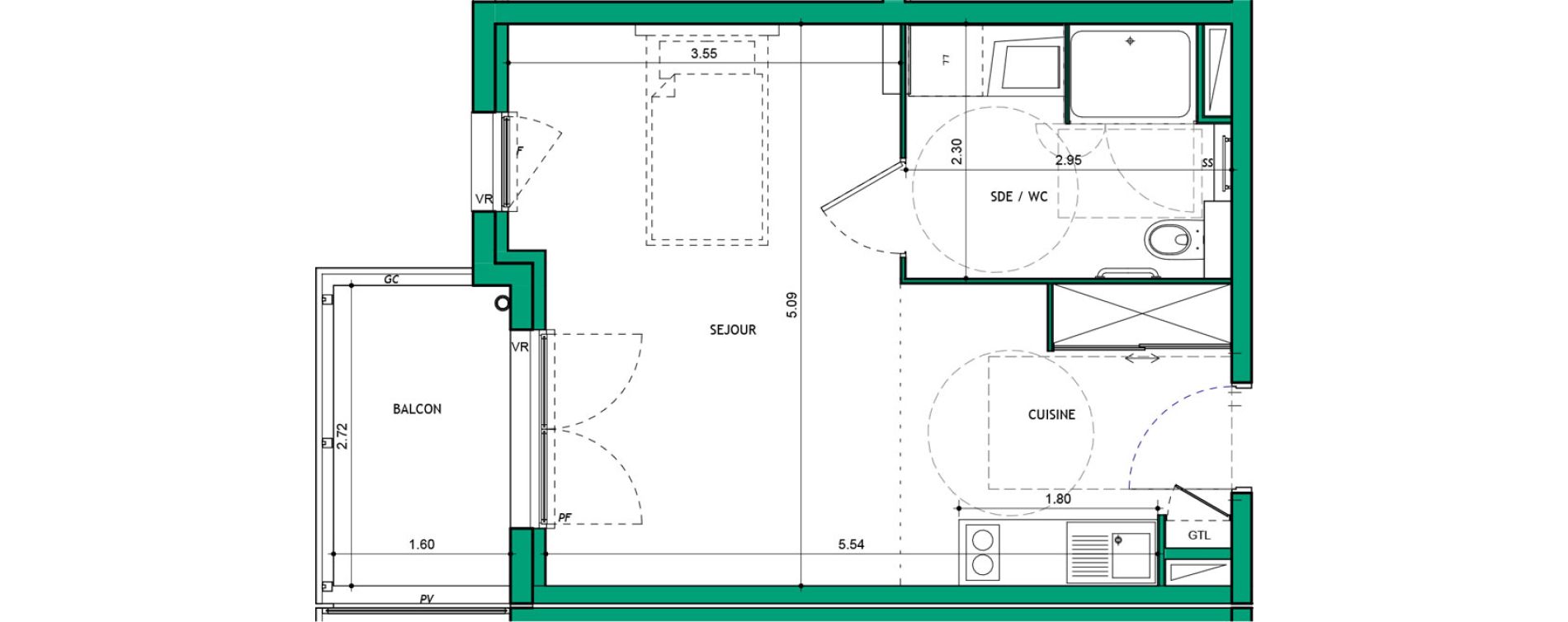 Appartement T1 meubl&eacute; de 31,30 m2 &agrave; La Verpilli&egrave;re Centre