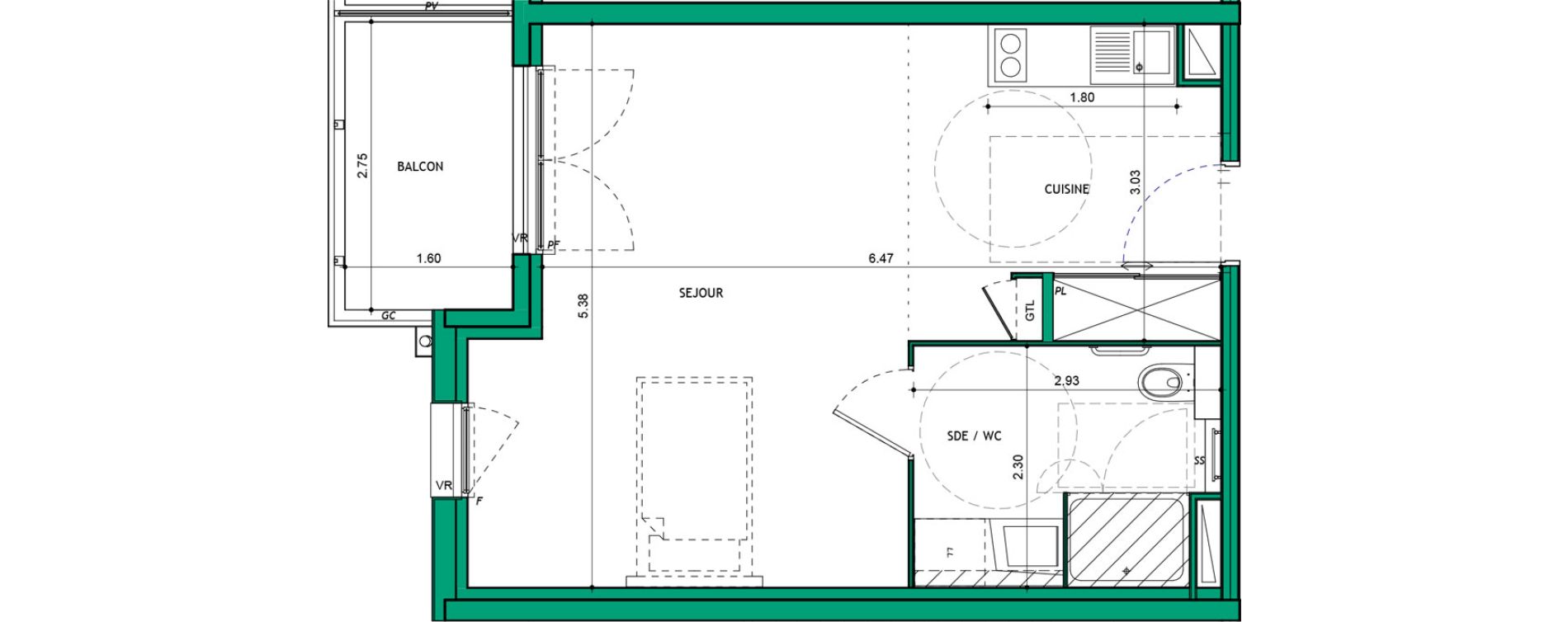 Appartement T1 de 35,44 m2 &agrave; La Verpilli&egrave;re Centre