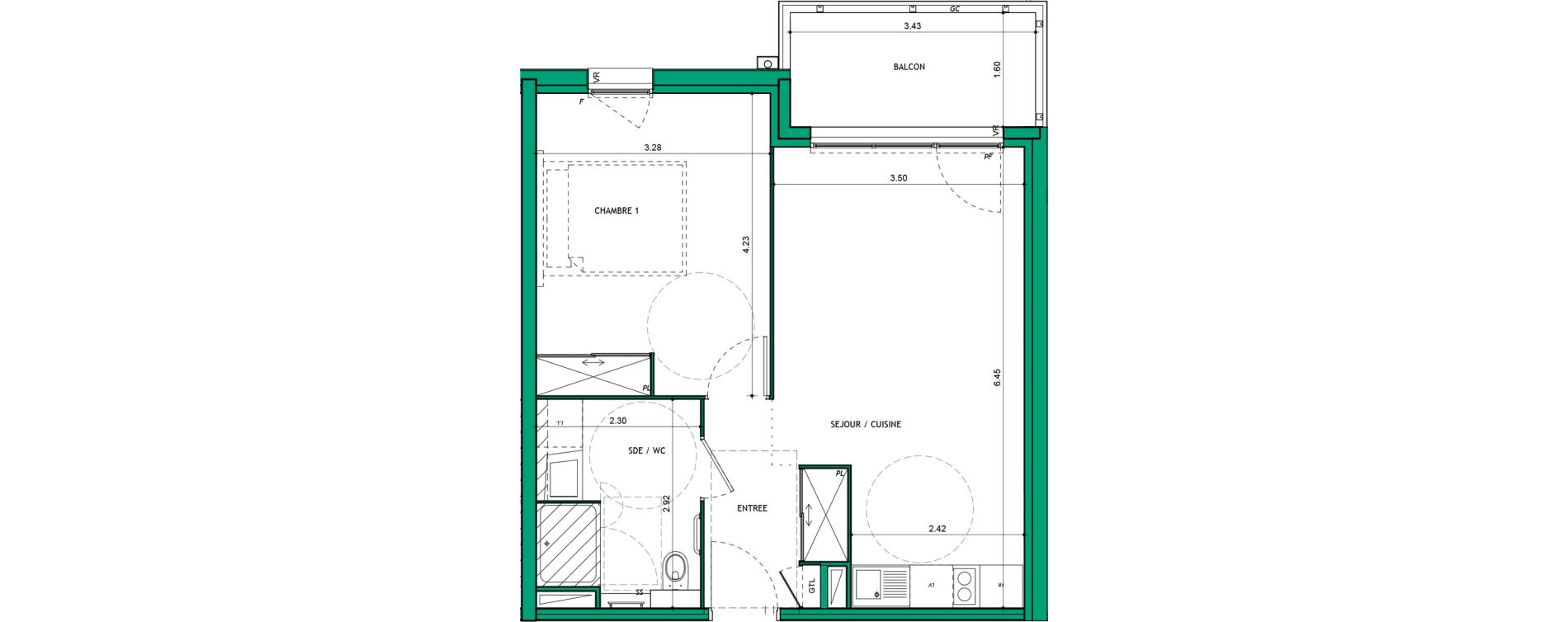 Appartement T2 meubl&eacute; de 45,16 m2 &agrave; La Verpilli&egrave;re Centre