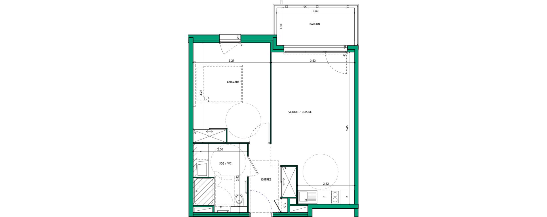 Appartement T2 meubl&eacute; de 45,68 m2 &agrave; La Verpilli&egrave;re Centre