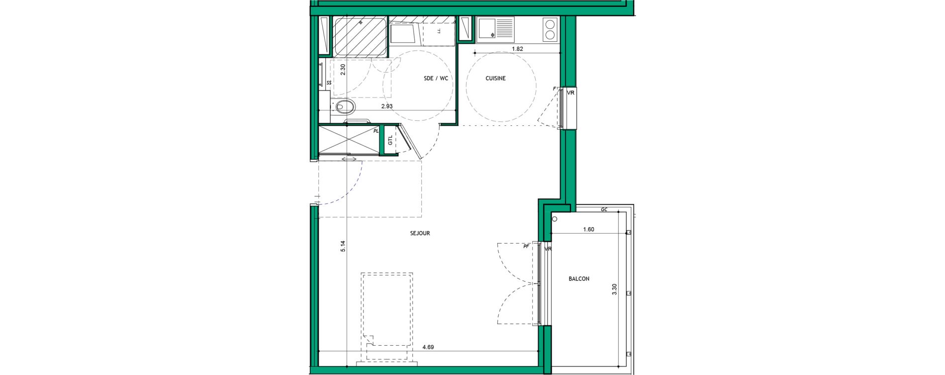 Appartement T1 meubl&eacute; de 35,98 m2 &agrave; La Verpilli&egrave;re Centre
