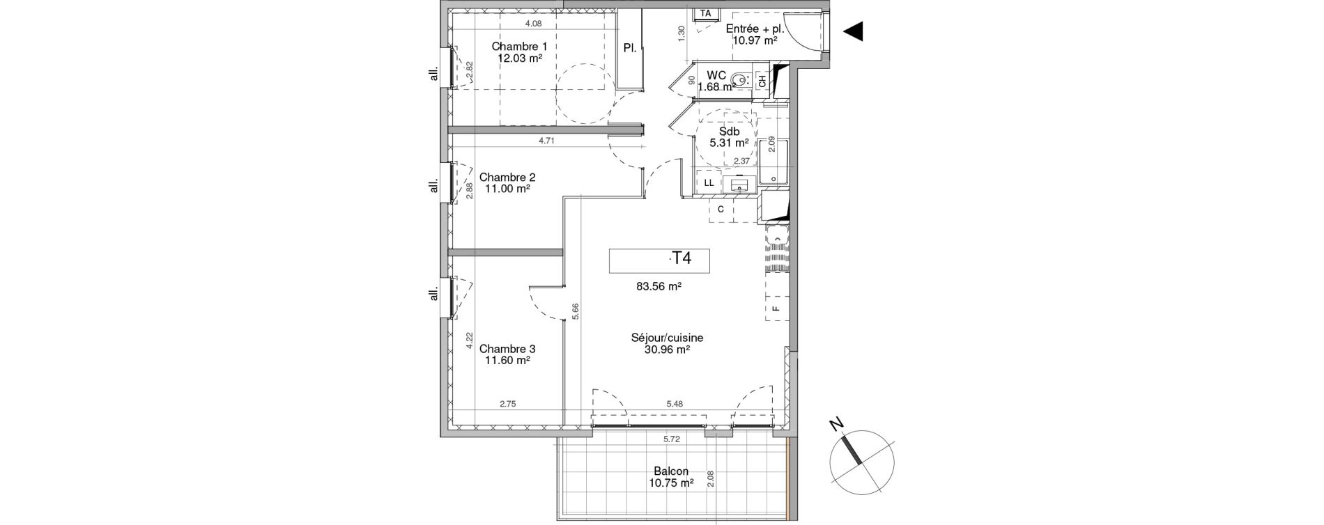 Appartement T4 de 83,56 m2 &agrave; Murianette Centre