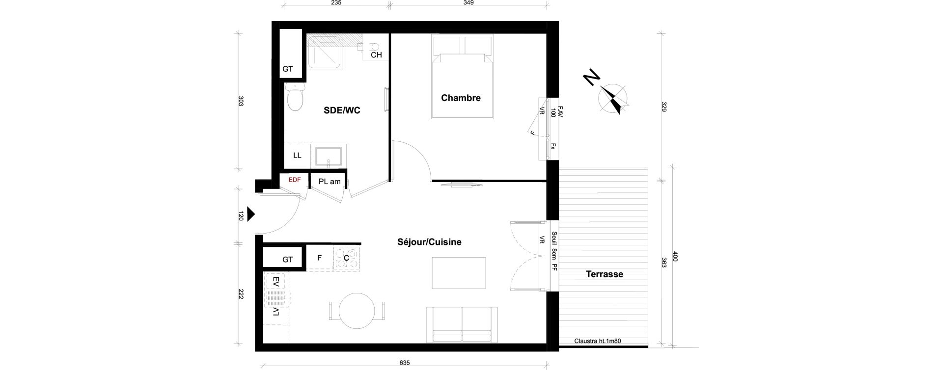 Appartement T2 de 40,70 m2 &agrave; Pont-&Eacute;v&ecirc;que Centre
