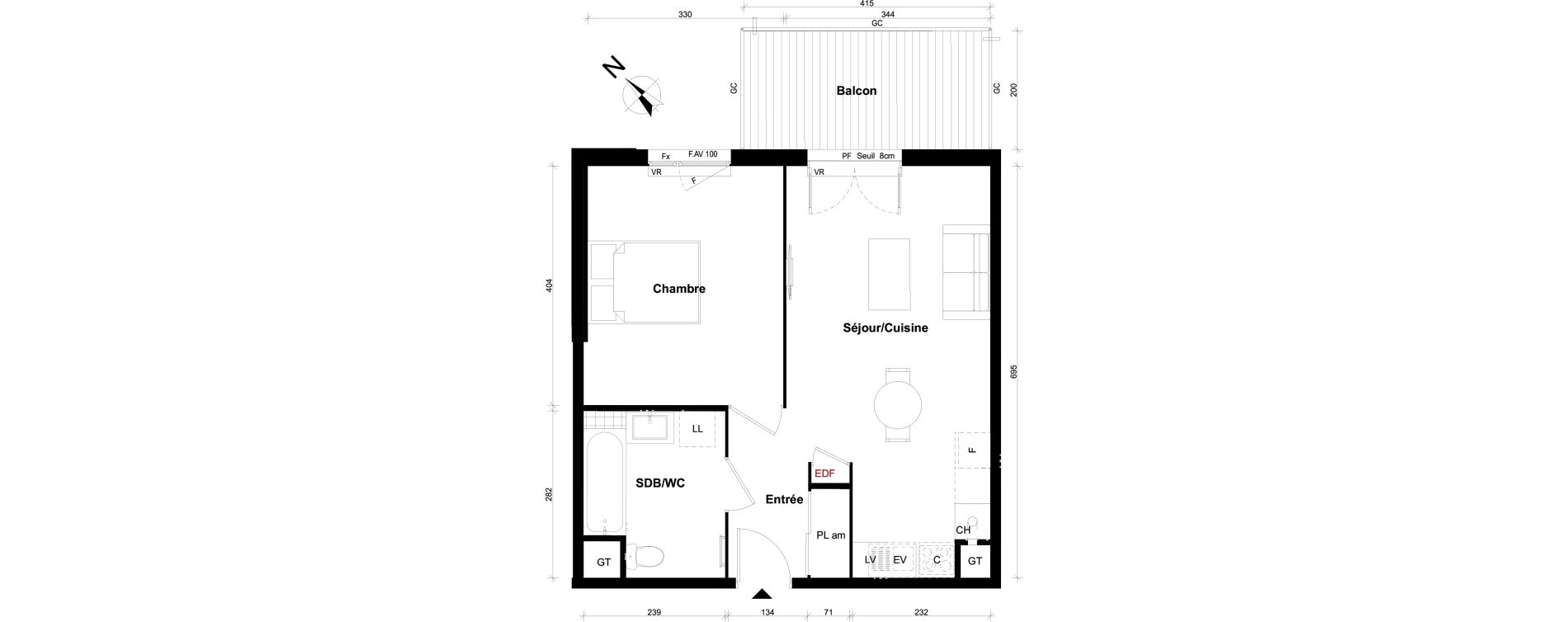 Appartement T2 de 46,00 m2 &agrave; Pont-&Eacute;v&ecirc;que Centre