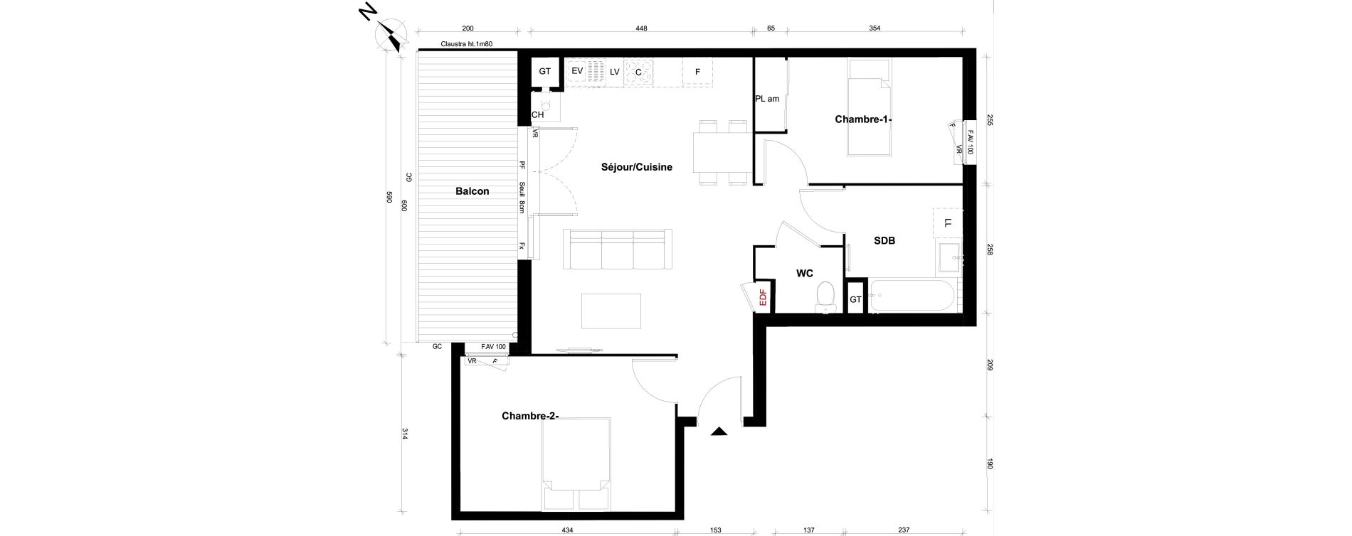 Appartement T3 de 62,80 m2 &agrave; Pont-&Eacute;v&ecirc;que Centre