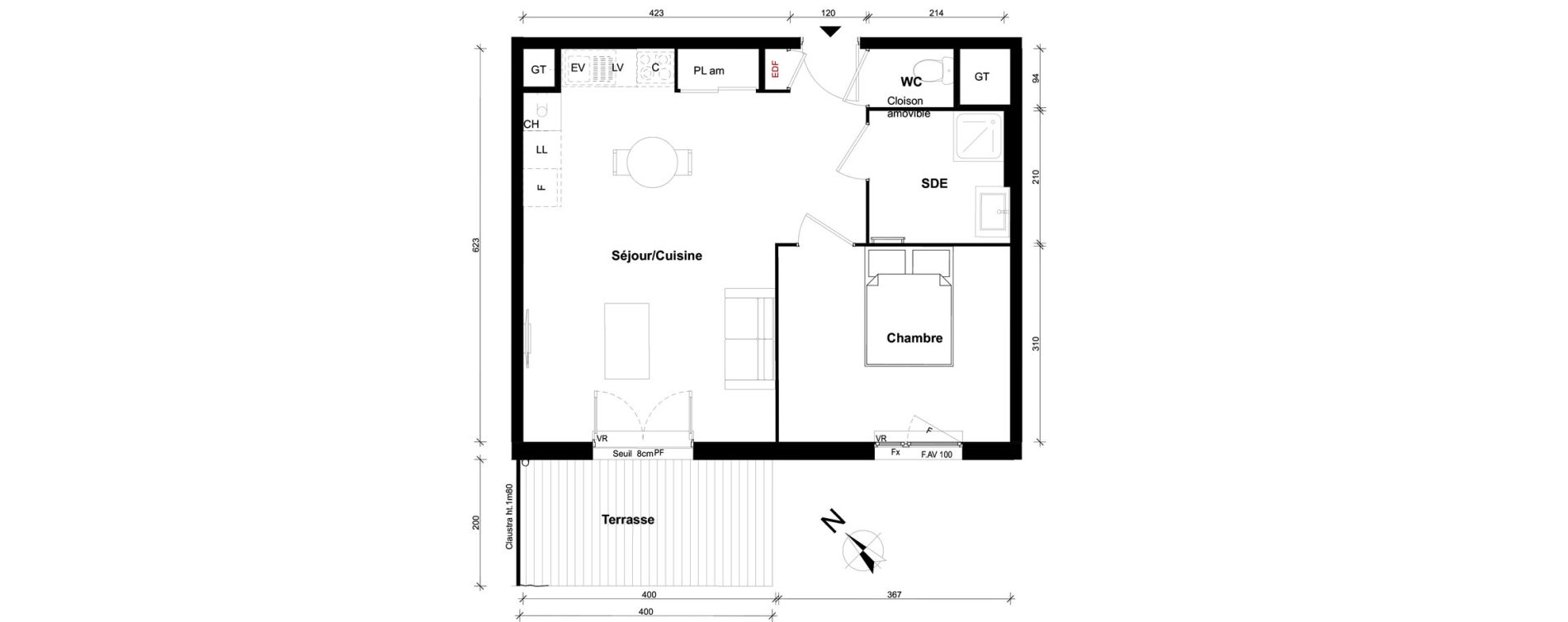 Appartement T2 de 46,40 m2 &agrave; Pont-&Eacute;v&ecirc;que Centre