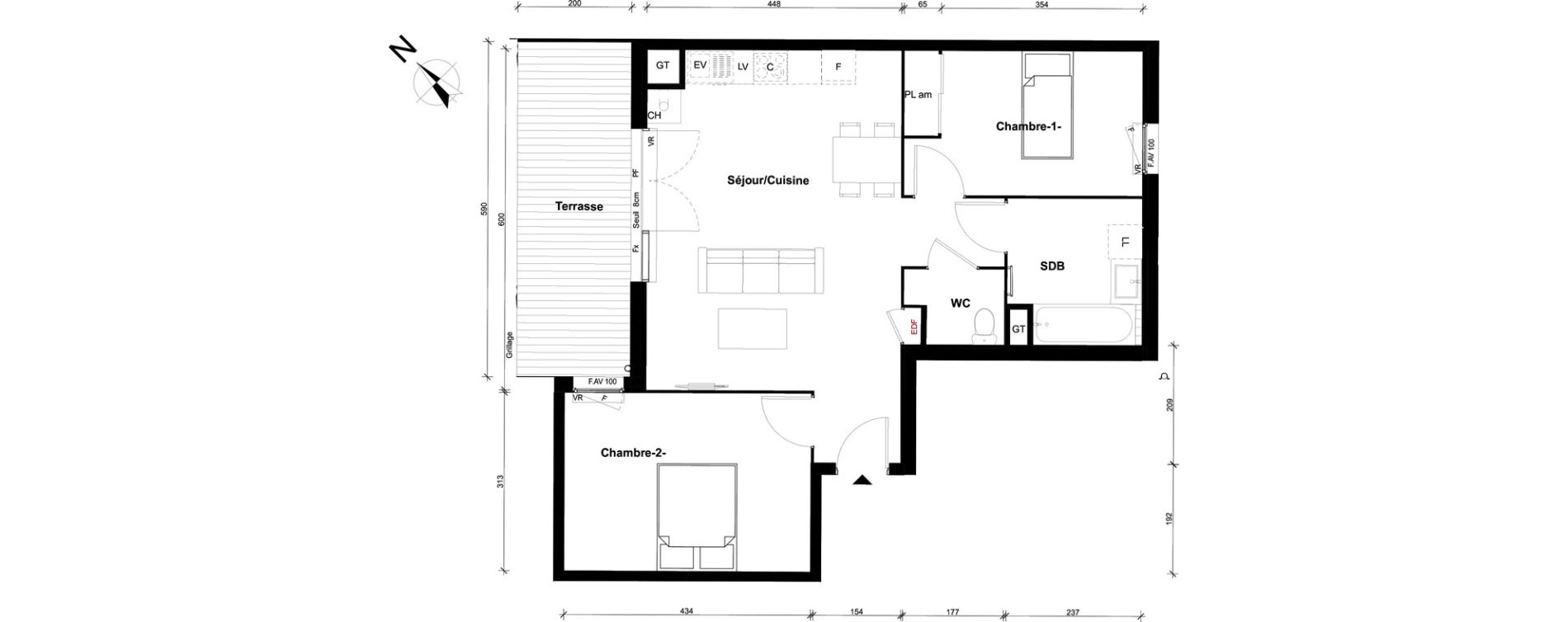 Appartement T3 de 62,80 m2 &agrave; Pont-&Eacute;v&ecirc;que Centre