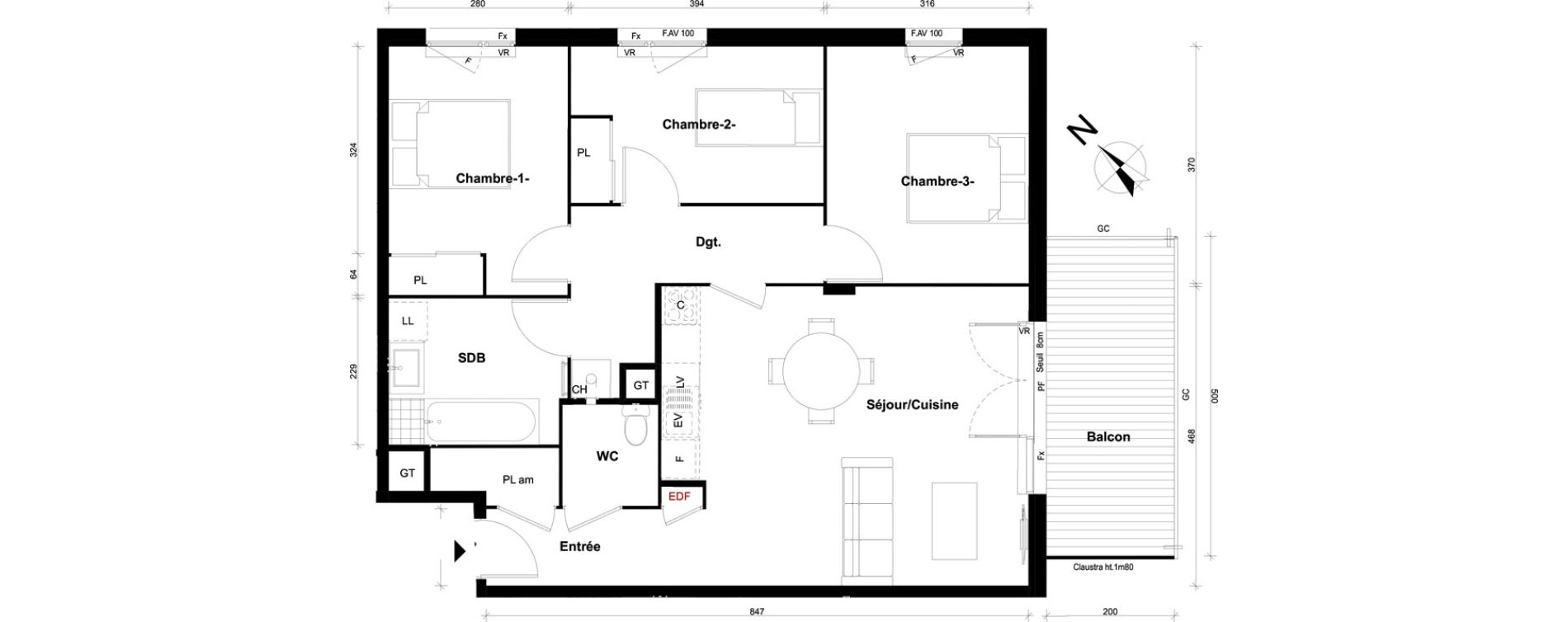 Appartement T4 de 79,20 m2 &agrave; Pont-&Eacute;v&ecirc;que Centre