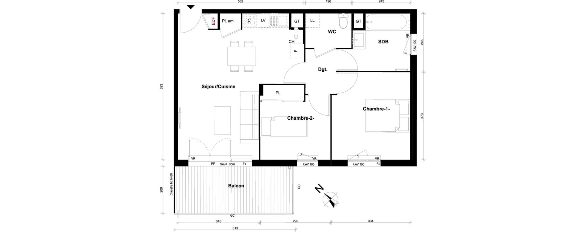 Appartement T3 de 59,25 m2 &agrave; Pont-&Eacute;v&ecirc;que Centre