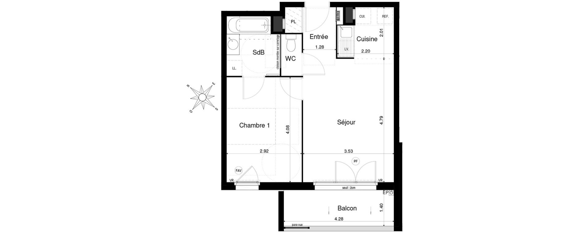 Appartement T2 de 41,85 m2 &agrave; Saint-&Eacute;gr&egrave;ve Centre