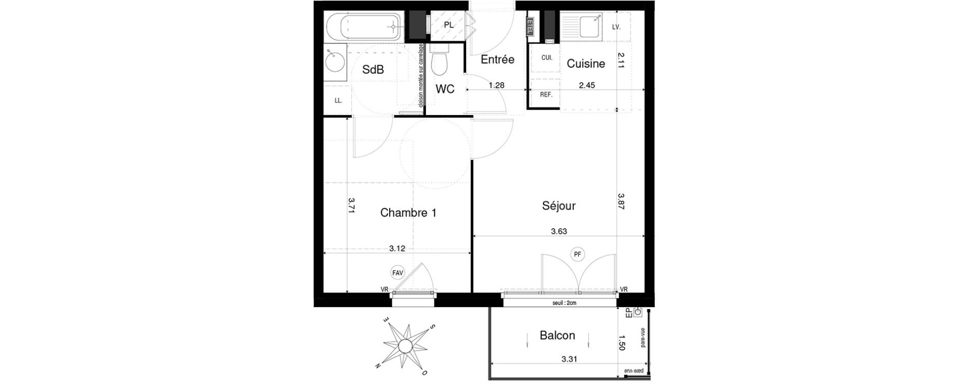 Appartement T2 de 39,04 m2 &agrave; Saint-&Eacute;gr&egrave;ve Centre