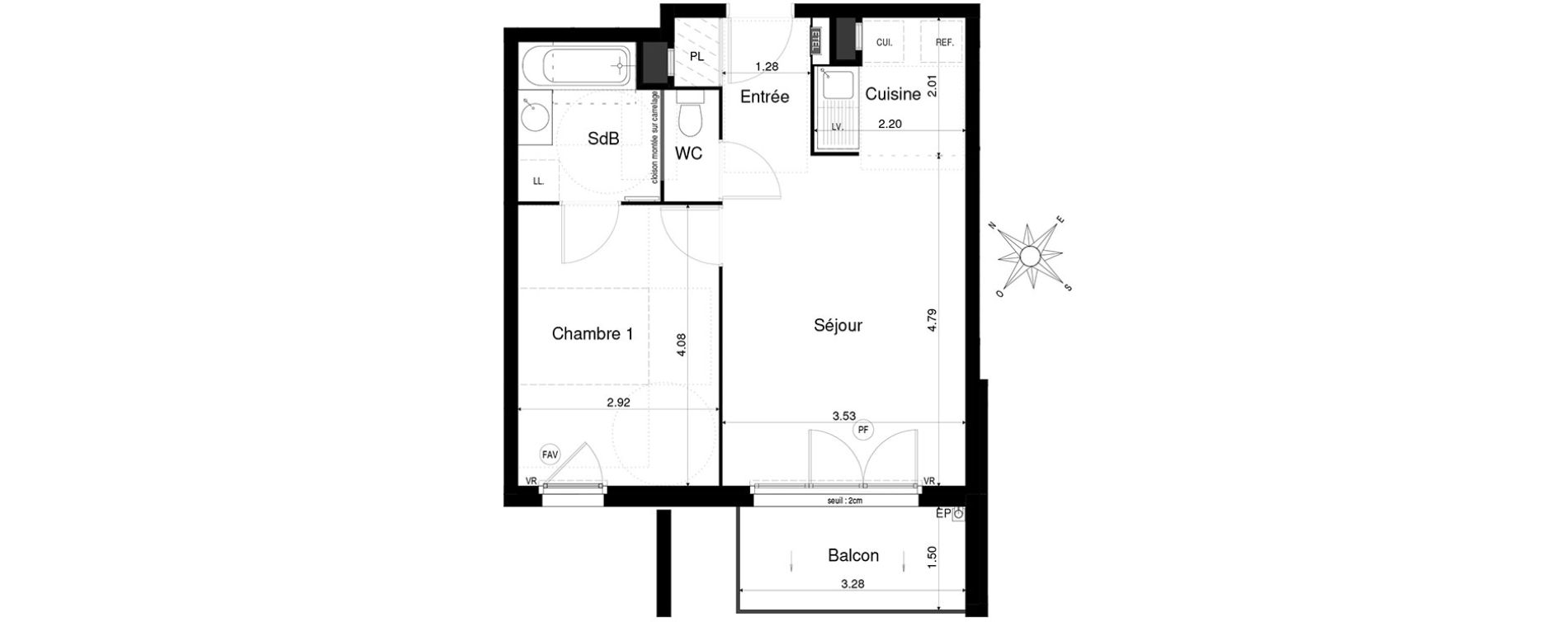 Appartement T2 de 41,92 m2 &agrave; Saint-&Eacute;gr&egrave;ve Centre