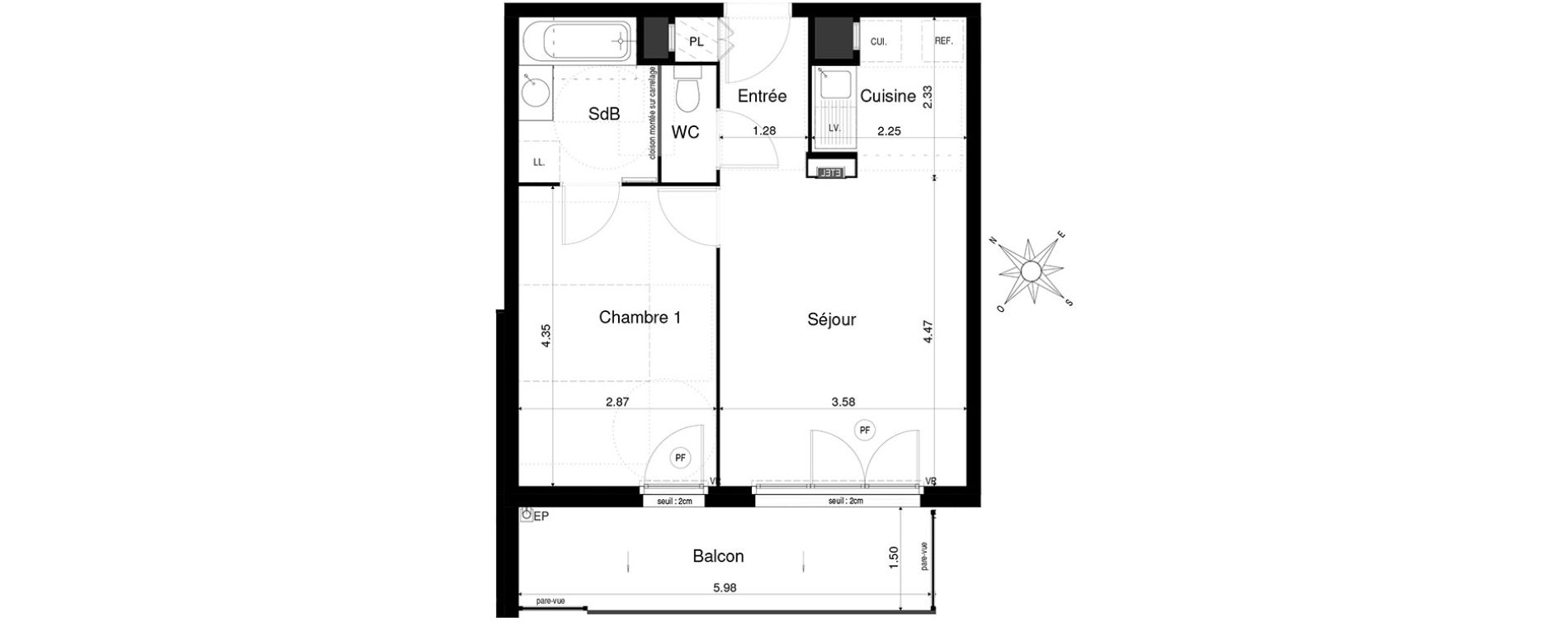 Appartement T2 de 42,68 m2 &agrave; Saint-&Eacute;gr&egrave;ve Centre