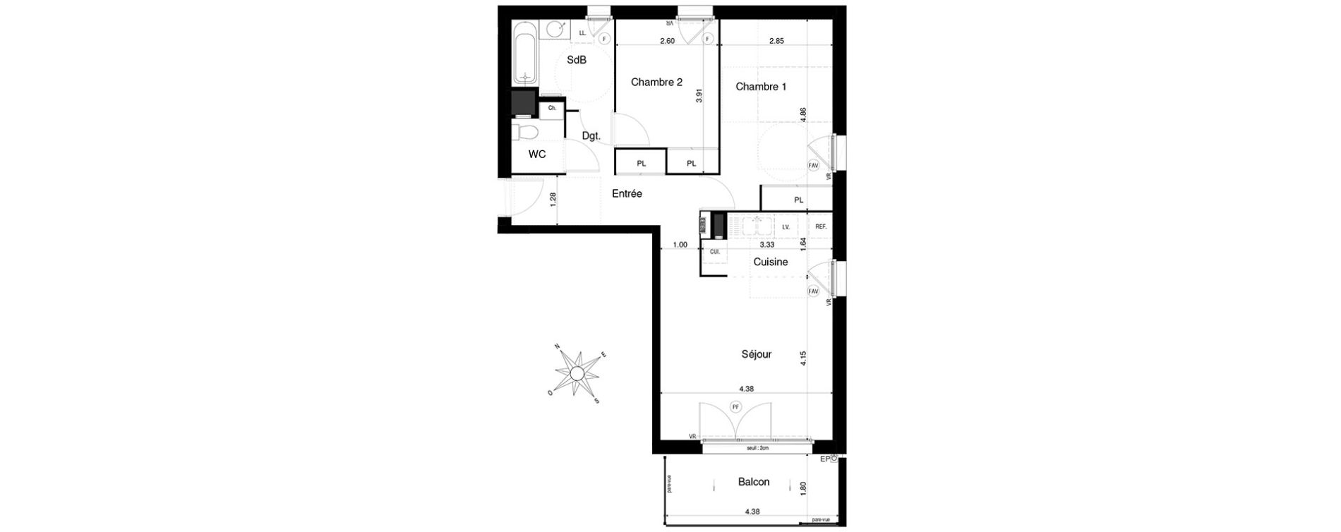 Appartement T3 de 61,54 m2 &agrave; Saint-&Eacute;gr&egrave;ve Centre