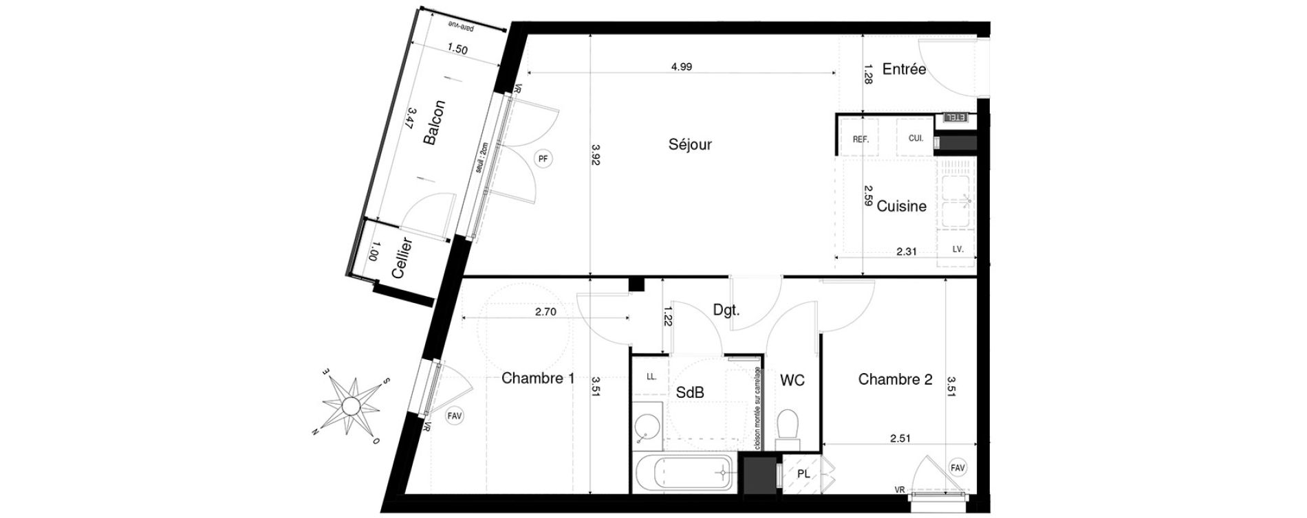 Appartement T3 de 59,91 m2 &agrave; Saint-&Eacute;gr&egrave;ve Centre