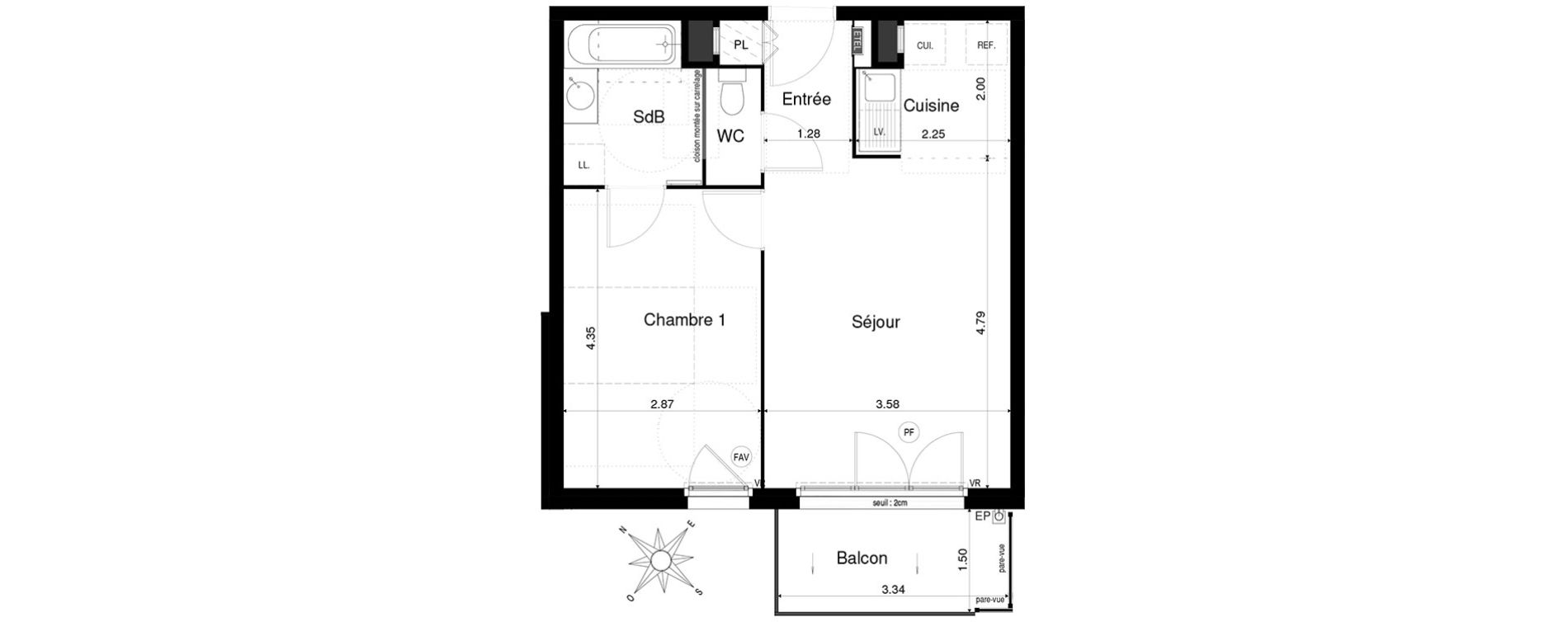 Appartement T2 de 42,62 m2 &agrave; Saint-&Eacute;gr&egrave;ve Centre