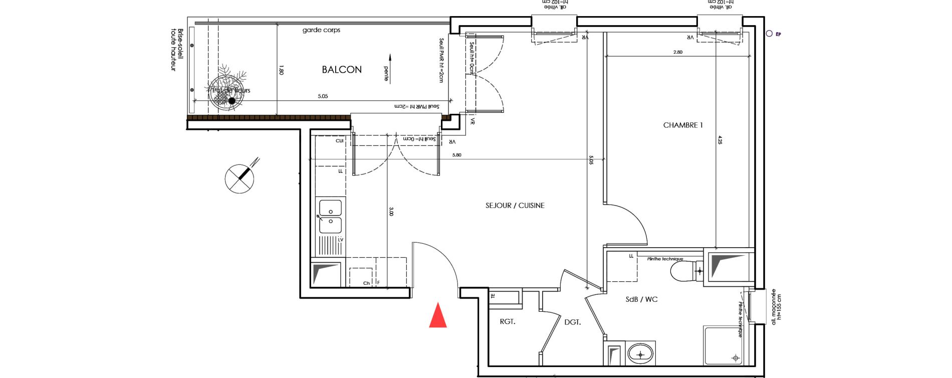 Appartement T2 de 42,90 m2 &agrave; Saint-&Eacute;gr&egrave;ve Centre