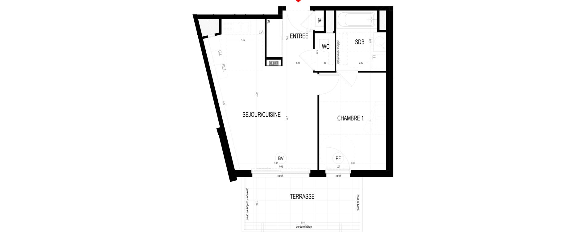 Appartement T2 de 43,88 m2 &agrave; Saint-Martin-D'H&egrave;res Centre