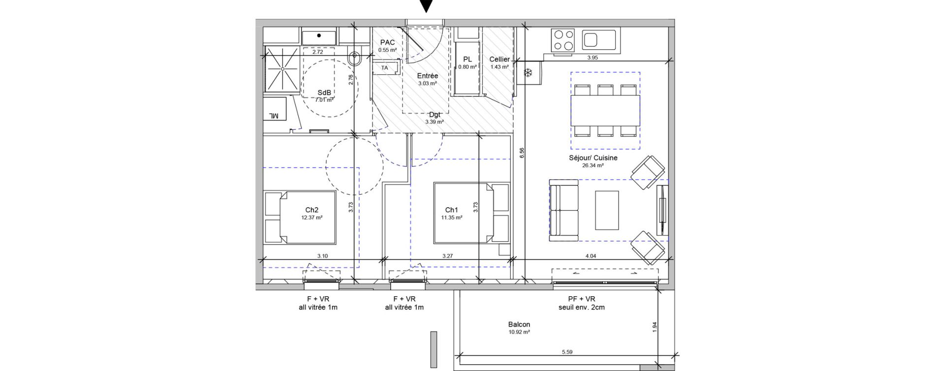 Appartement T3 de 66,27 m2 &agrave; Vif Centre