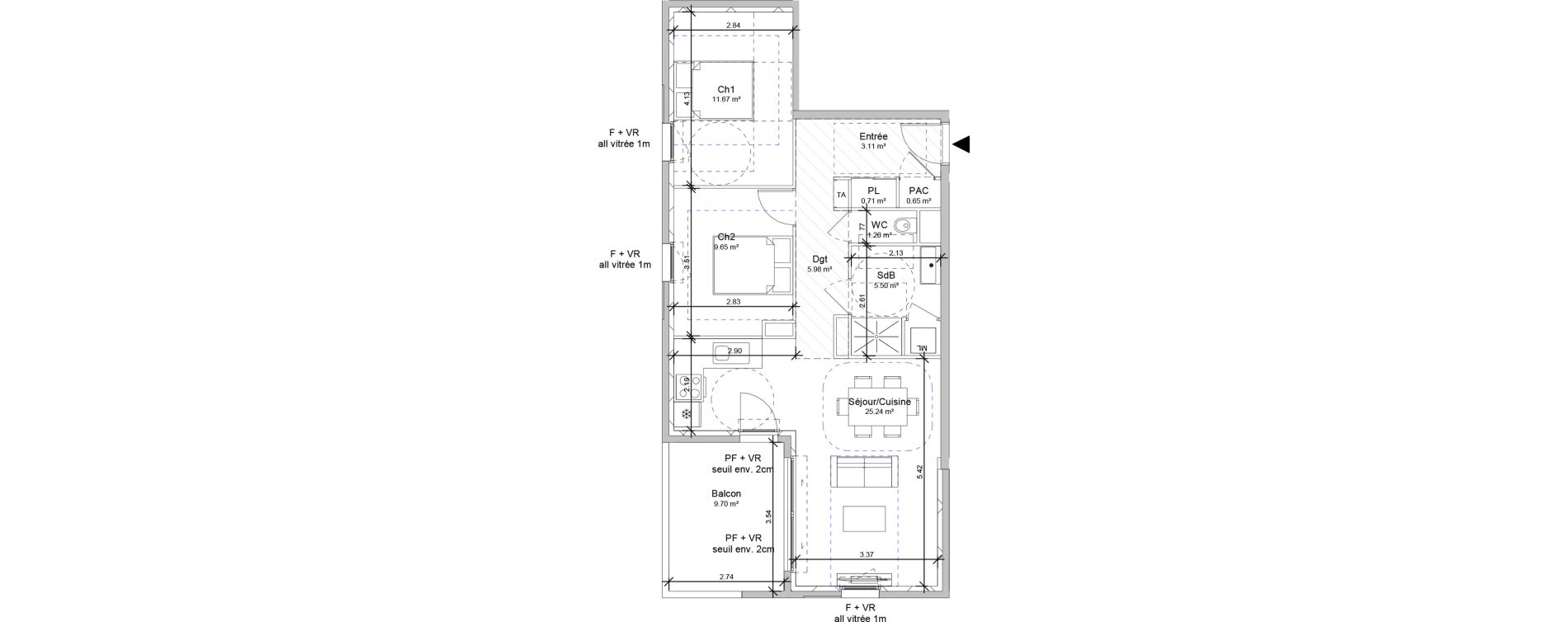 Appartement T3 de 63,71 m2 &agrave; Vif Centre